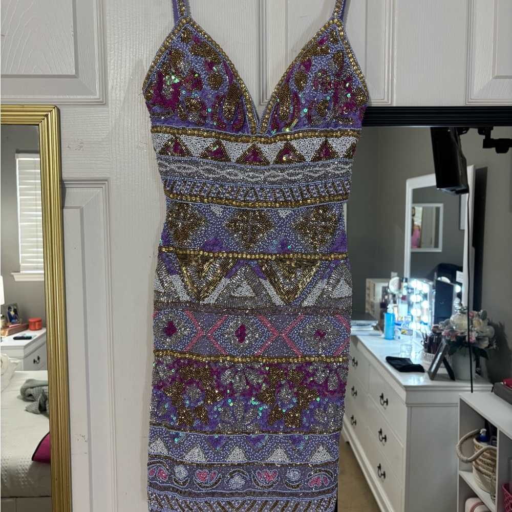 Jovani Purple and Gold Beaded Mini Dress